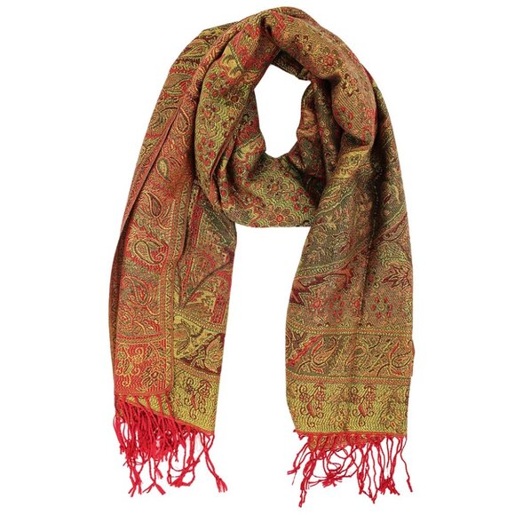 Metallic Weave Paisley Green Orange Pashmina Style Boho Bohemian Scarf Shawl - Picture 3 of 4